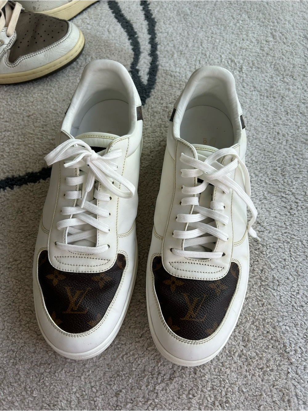 White Leather Louis Vuitton Men's Sneakers with Brown Monogram Accent